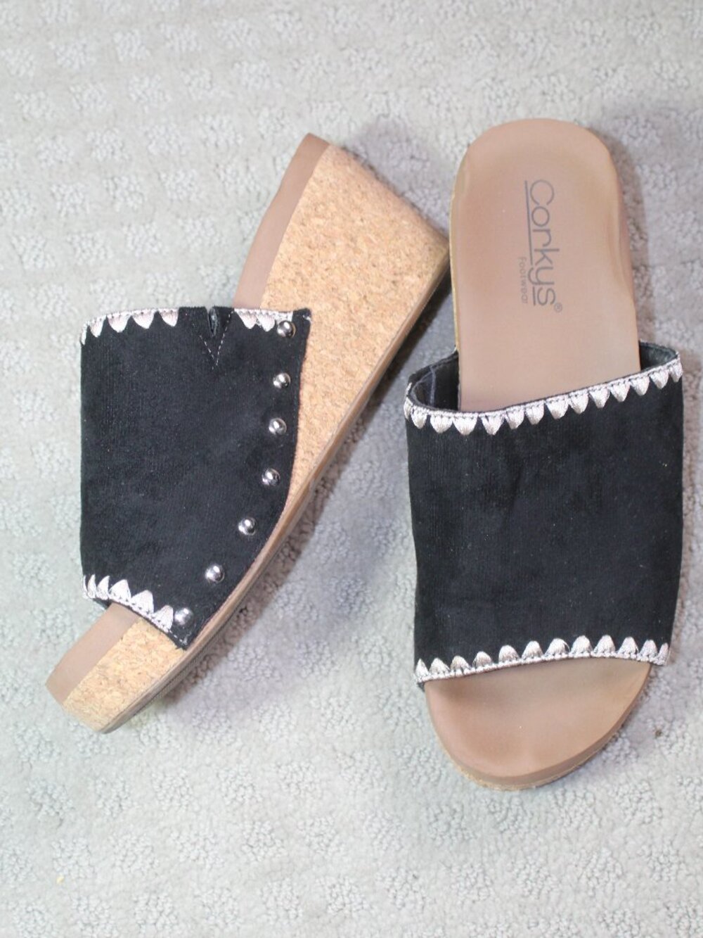 Corky's Size 8 Black White Stitch N Slide Cork Platform Wedge Heel Sandals